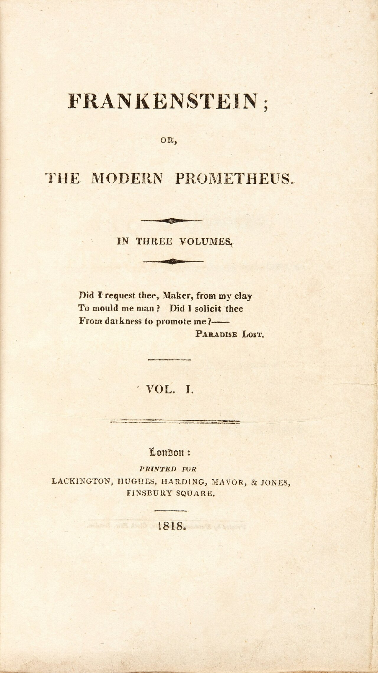 Click to enlarge Frankenstein: 1818 First Edition Title Page